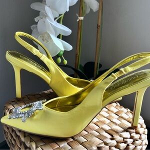 PrimaDonna Yellow Satin Pointed Toe Slingback Heels with Rhinestone Brooch